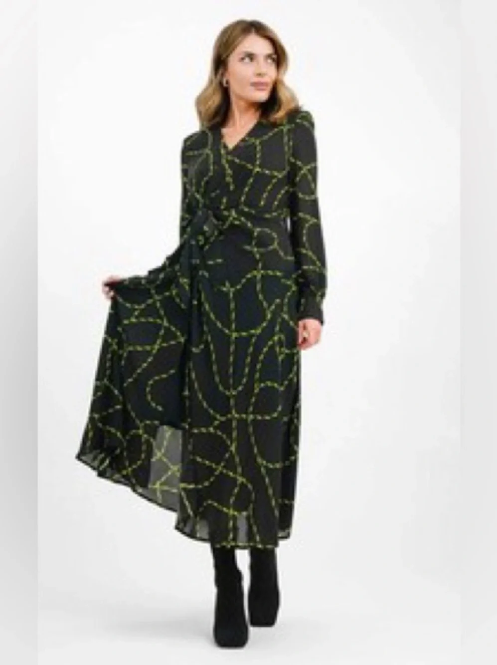 Urban Revivo Womens Black Chain Print Midi Dress Wrap Ruched Long Sleeves S NEW